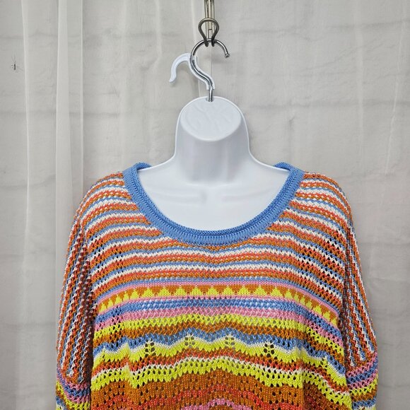 Crewneck Sweater Crochet Knit Orange Blue Striped Boho Colorful L - Picture 2 of 10